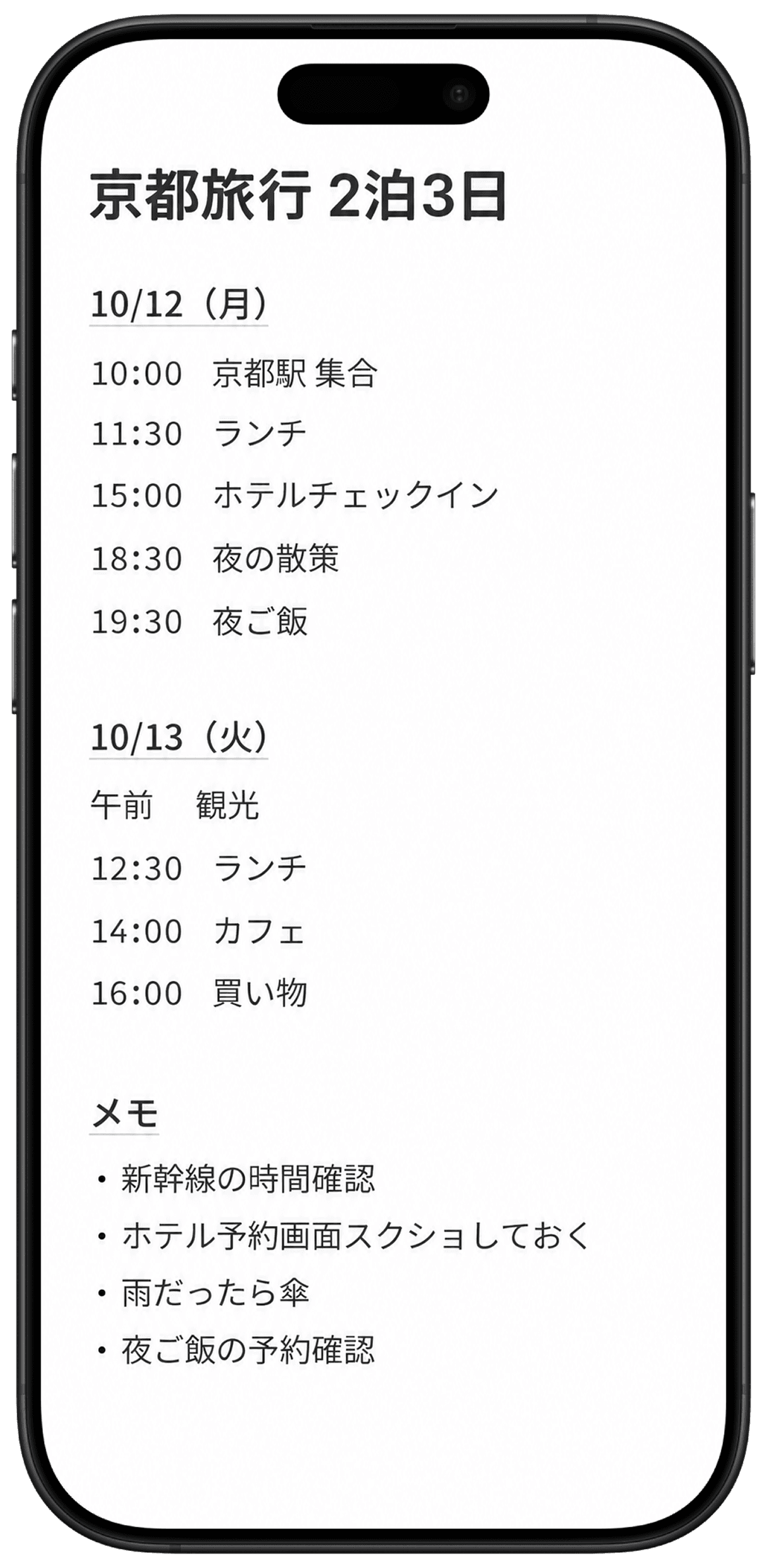京都旅行の日程を記録したメモ画面